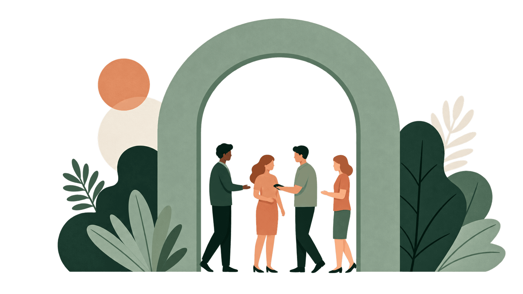 Professionals meeting beneath a broad green arch