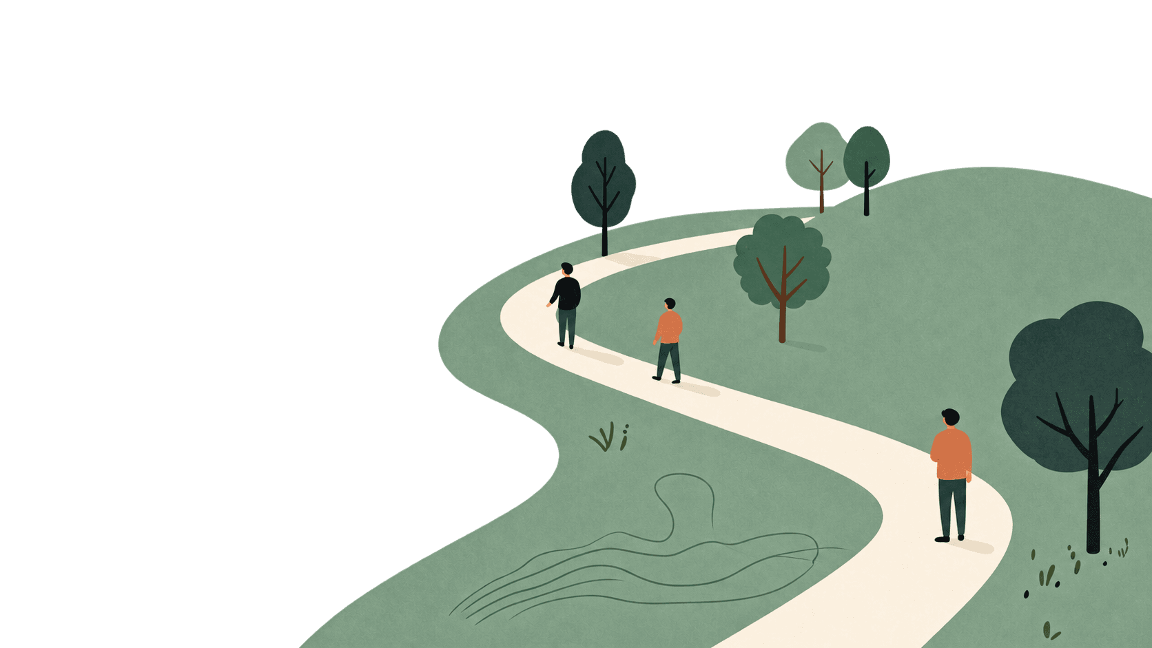 People following a winding path through a green landscape